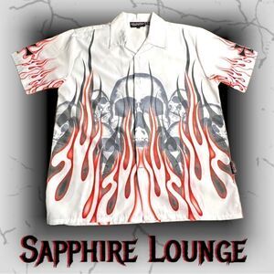 Vintage Sapphire Lounge Shirt Mens M Camp Shirt SKULLS Flamed Loop Collar White